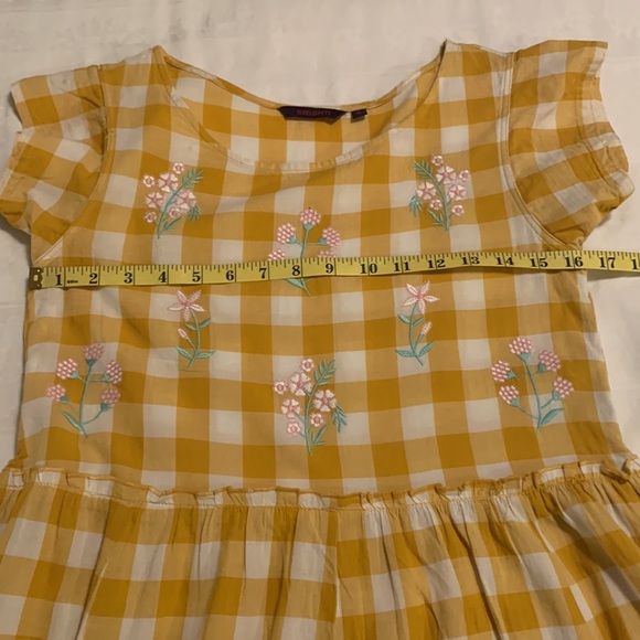 SRISHI Mustard and White Gingham Floral Short Sleeve Cottage Core Maxi Dress - Picture 13 of 16